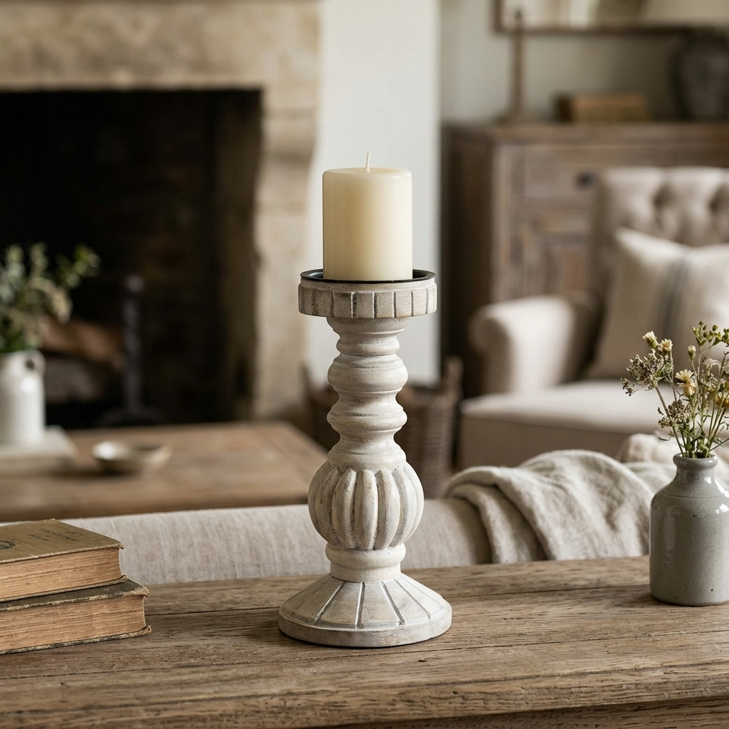 Whitewashed Wood & Iron Candle Stand with ivory candle styled in a warm English country living room