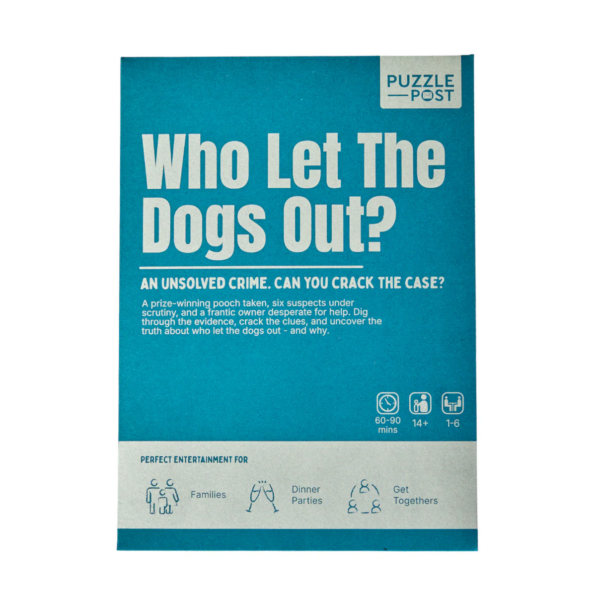 Who Let The Dogs Out? cold case mystery game packaging by Puzzle Post