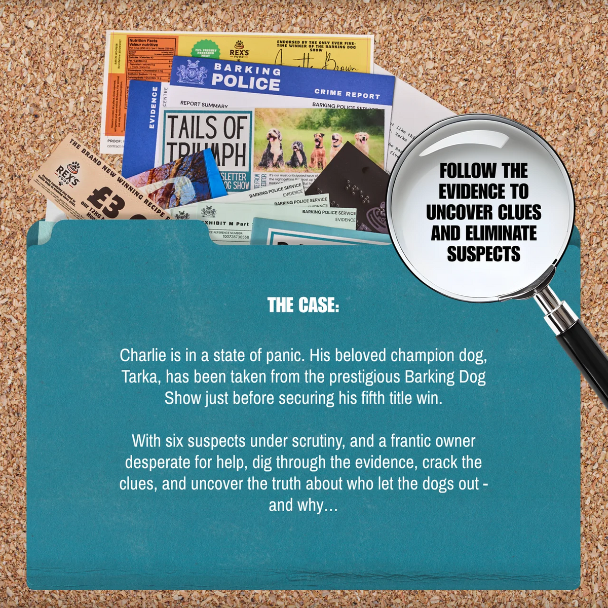 Who Let The Dogs Out? cold case mystery game showing the investigation contents and game details