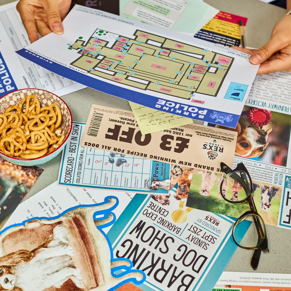 Who Let The Dogs Out? mystery game with evidence and clues spread across a table