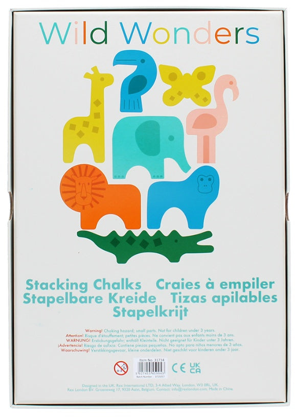 Wild Wonders Stacking Chalks by Rex London shown in the original colourful animal-themed packaging