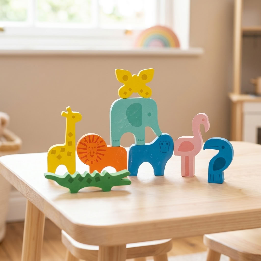 Wild Wonders Stacking Chalks arranged as colourful animals on a wooden play table in a bright children's playroom