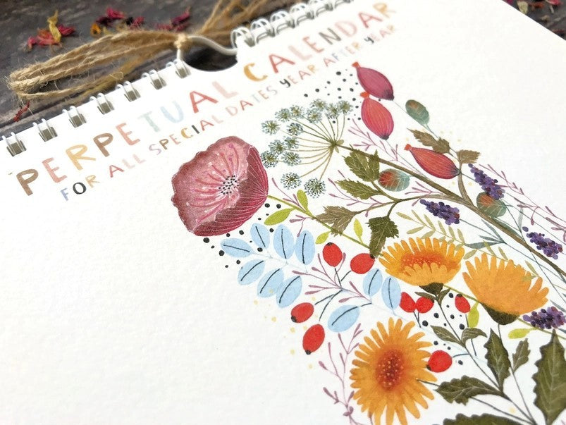 Wildflower Perpetual Calendar close-up showing detailed floral artwork on textured watercolour paper