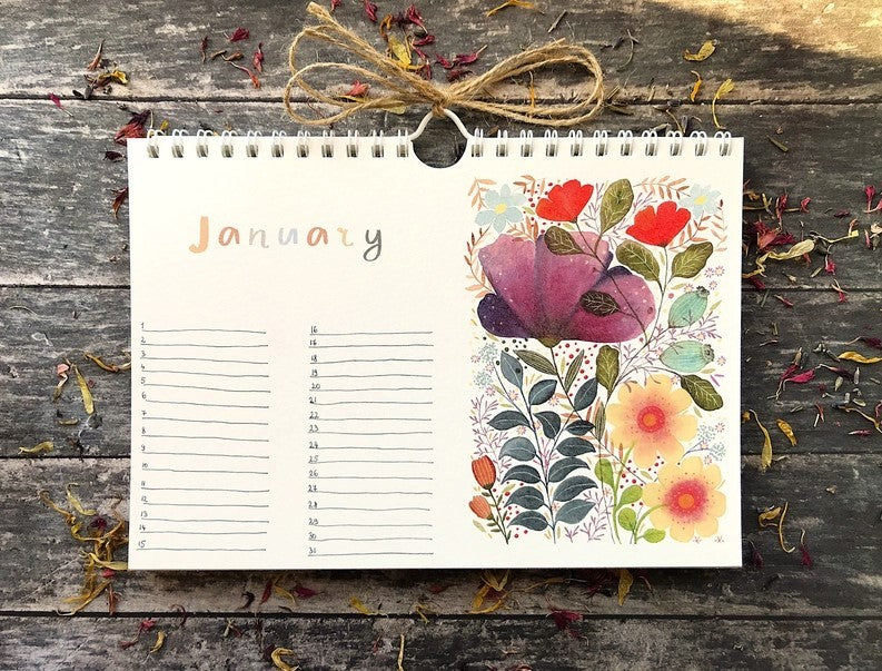 Wildflower Perpetual Calendar January page with colourful floral artwork and space to record special dates