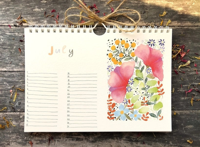 Wildflower Perpetual Calendar July page with pink flowers and spaces for birthdays and anniversaries