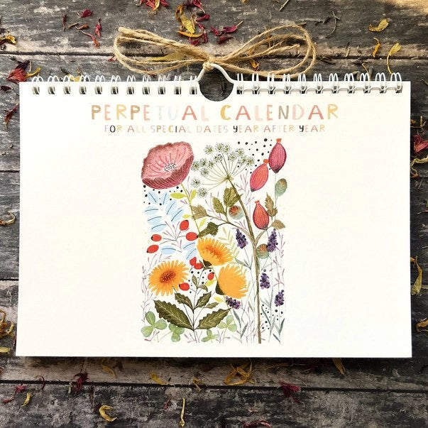 Wildflower Perpetual Calendar with colourful botanical illustrations and wire spiral binding
