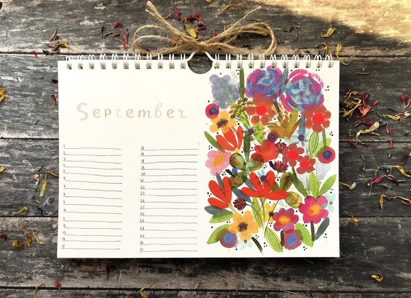 Wildflower Perpetual Calendar September page featuring vibrant red, pink and purple floral illustrations with space to record special dates