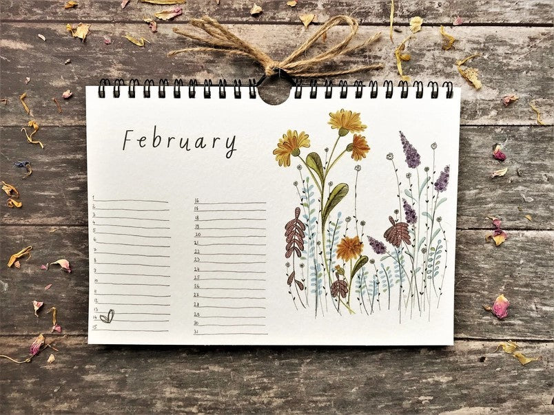 Wildlife & Botanical Perpetual Calendar February page with yellow wildflowers, purple blossoms and space to record special dates