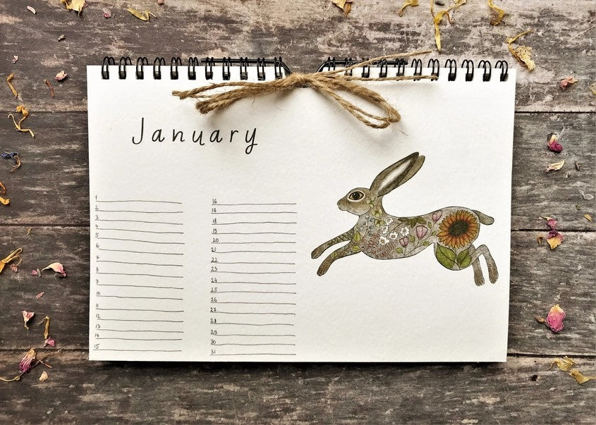 Wildlife & Botanical Perpetual Calendar January page featuring a leaping hare decorated with flowers