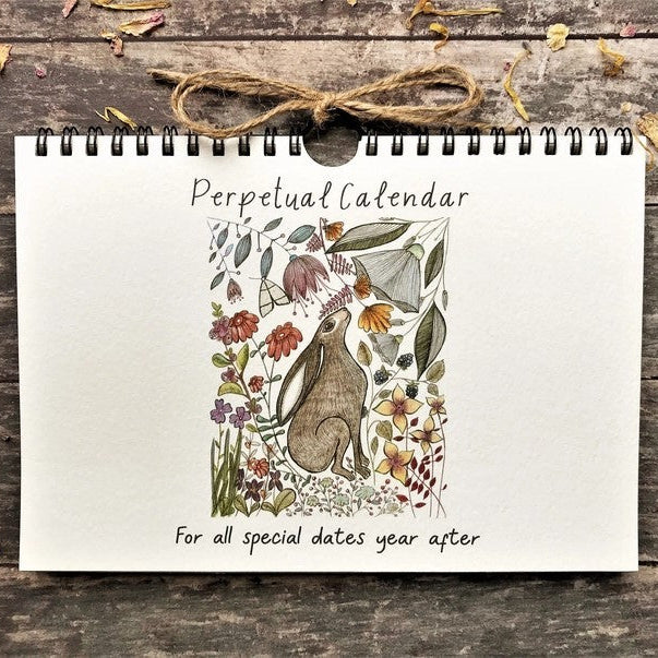 Wildlife & Botanical Perpetual Calendar featuring a brown hare surrounded by flowers and foliage