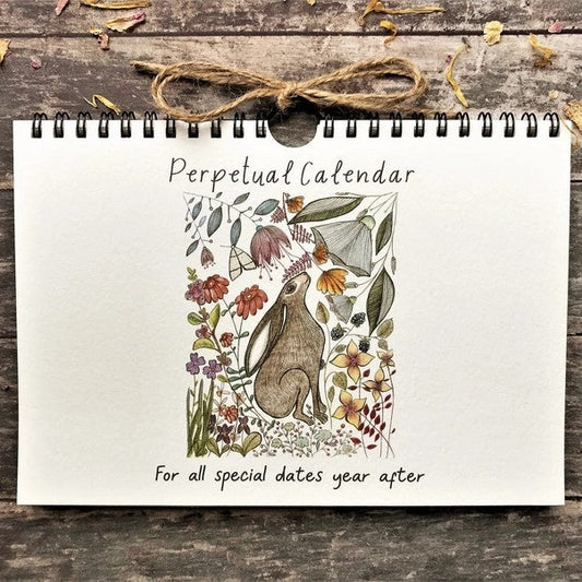 Wildlife & Botanical Perpetual Calendar featuring a brown hare surrounded by flowers and foliage