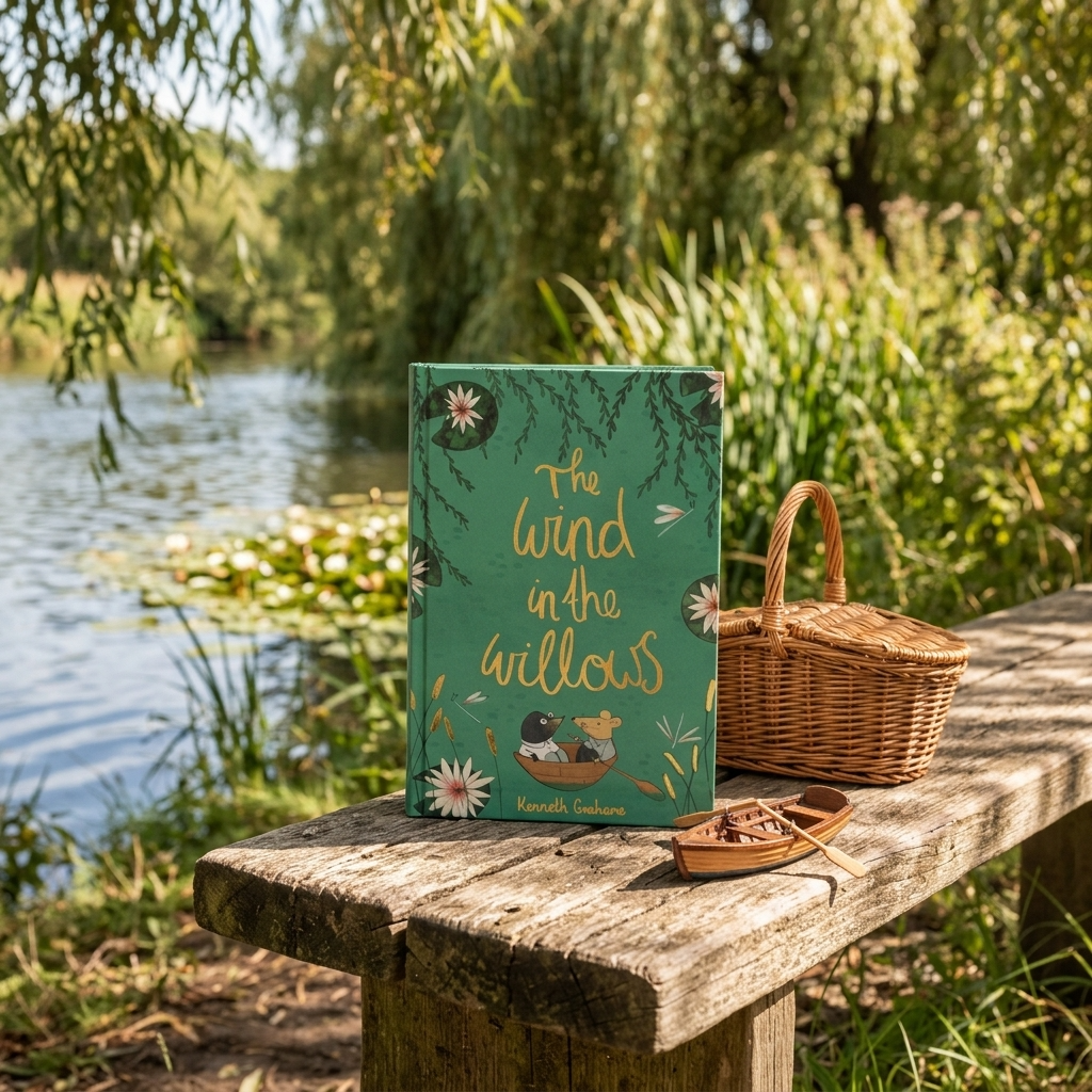 The Wind in the Willows by Kenneth Grahame hardback in a peaceful English riverside setting
