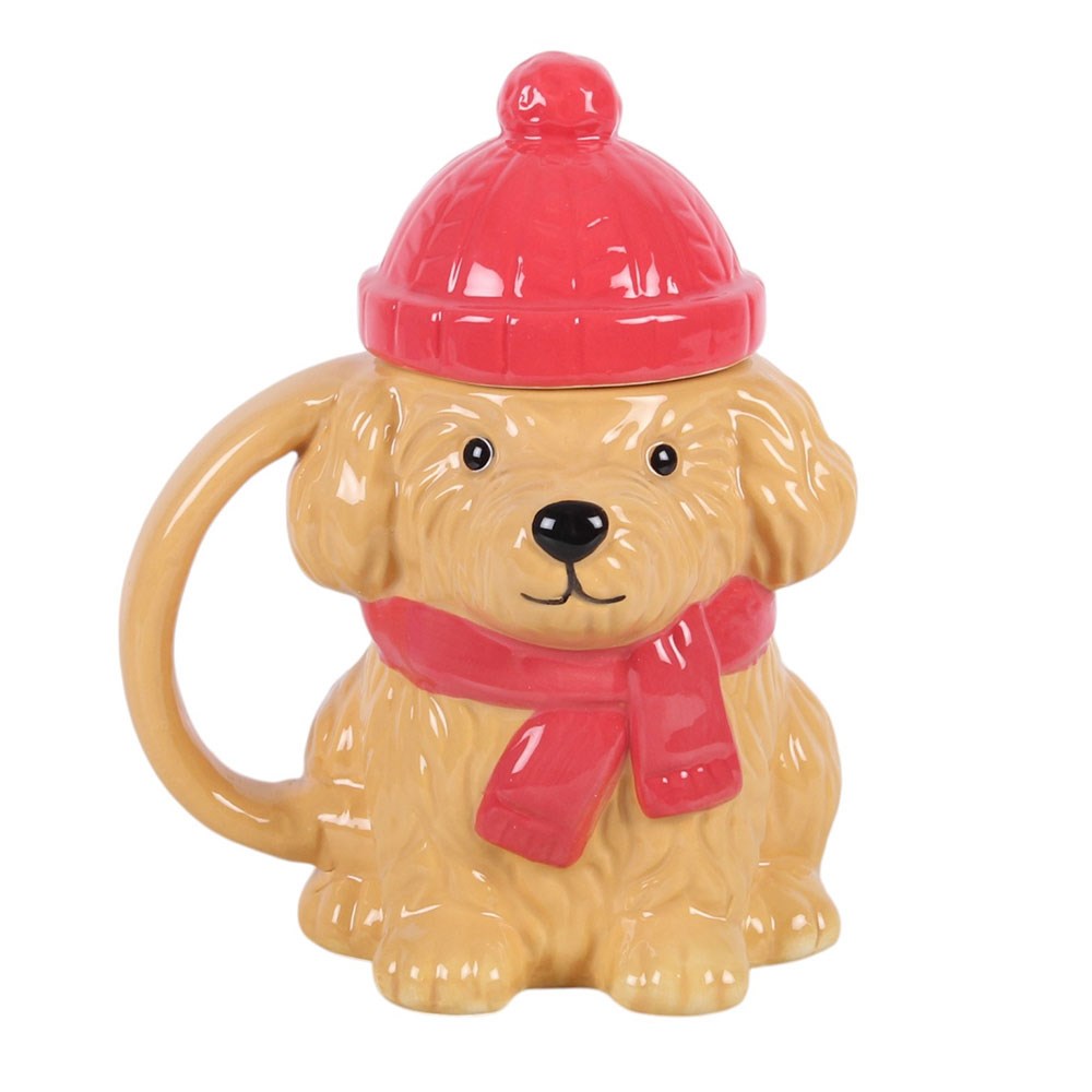 Winter Puppy Ceramic Mug showing golden puppy design, textured fur, red scarf and matching bobble hat lid