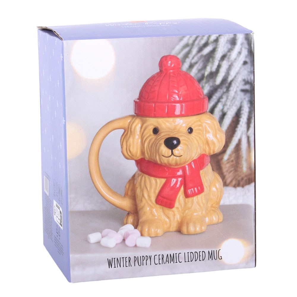 Winter Puppy Ceramic Mug with red bobble hat lid presented in its decorative cardboard gift box