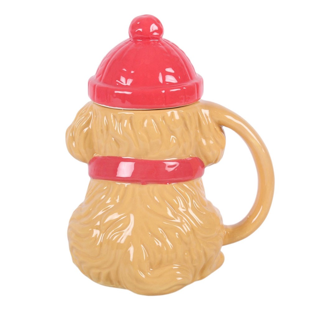 Winter Puppy Ceramic Mug showing textured golden fur, red bobble hat lid and curved ceramic handle from the rear
