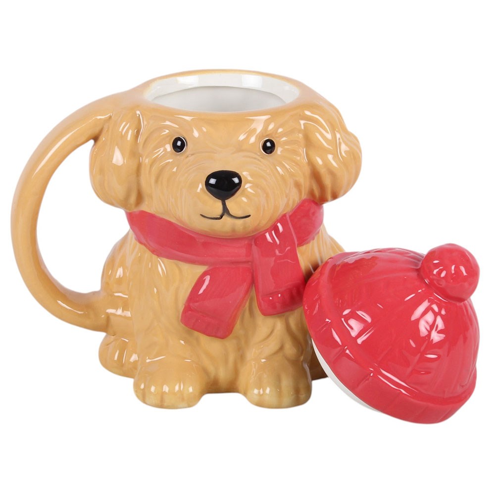 Winter Puppy Ceramic Mug with removable red bobble hat lid placed beside the mug to show the opening