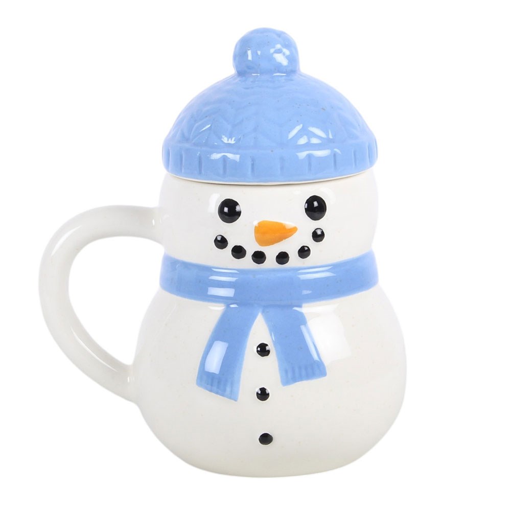 Winter Snowman Ceramic Mug featuring a cheerful snowman face, blue scarf and matching knitted-effect bobble hat lid