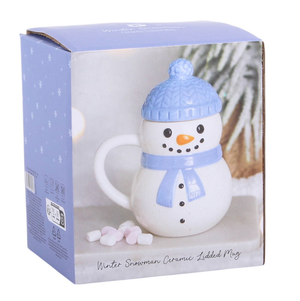 Winter Snowman Ceramic Mug with blue bobble hat lid presented in its decorative Christmas gift box