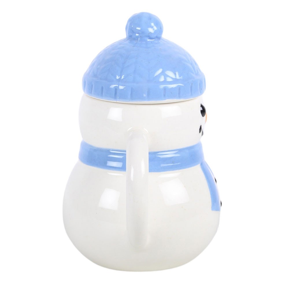 Winter Snowman Ceramic Mug showing the rounded white ceramic body, blue scarf and matching hat lid from the rear