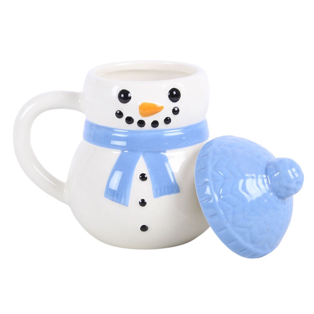 Winter Snowman Ceramic Mug with removable blue bobble hat lid placed beside the mug to show the opening
