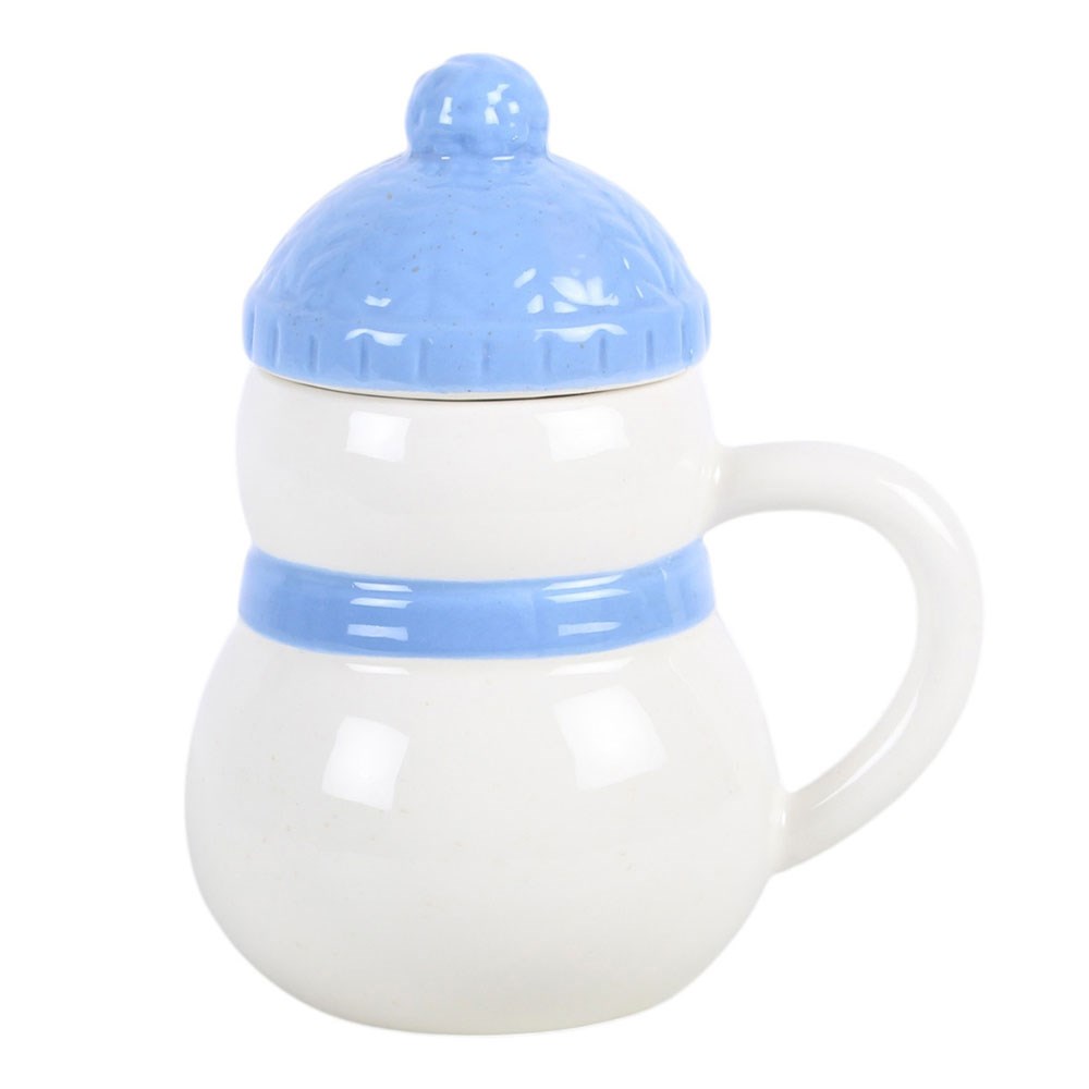 Winter Snowman Ceramic Mug showing the white handle, rounded snowman body and blue bobble hat lid from the opposite side