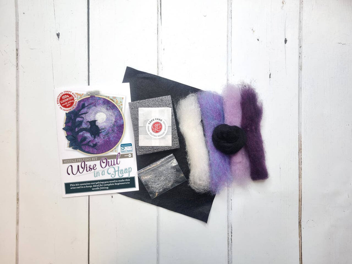 Paint with Wool Wise Old Owl Needle Felting Kit with wool, felting materials, foam mat and instructions