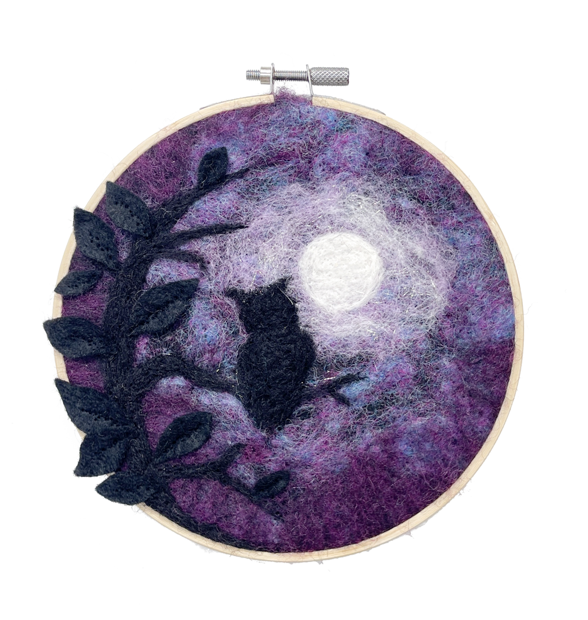 Paint with Wool Wise Old Owl Needle Felting Kit finished moonlit owl artwork in a bamboo hoop