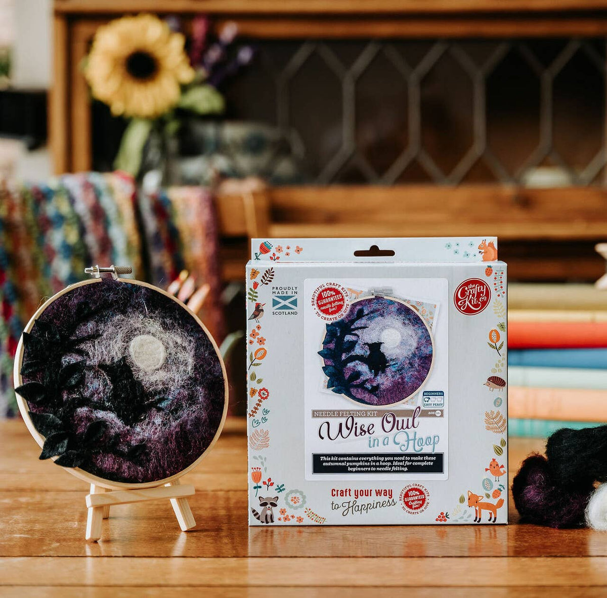 Paint with Wool Wise Old Owl Needle Felting Kit with finished owl artwork and Crafty Kit Company packaging