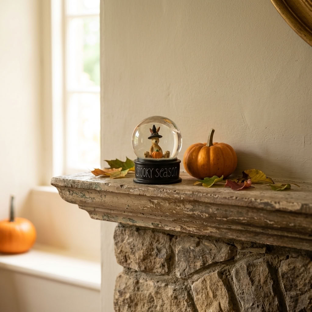 Witch Rabbit Snow Globe styled with a small pumpkin and autumn leaves on an aged stone fireplace