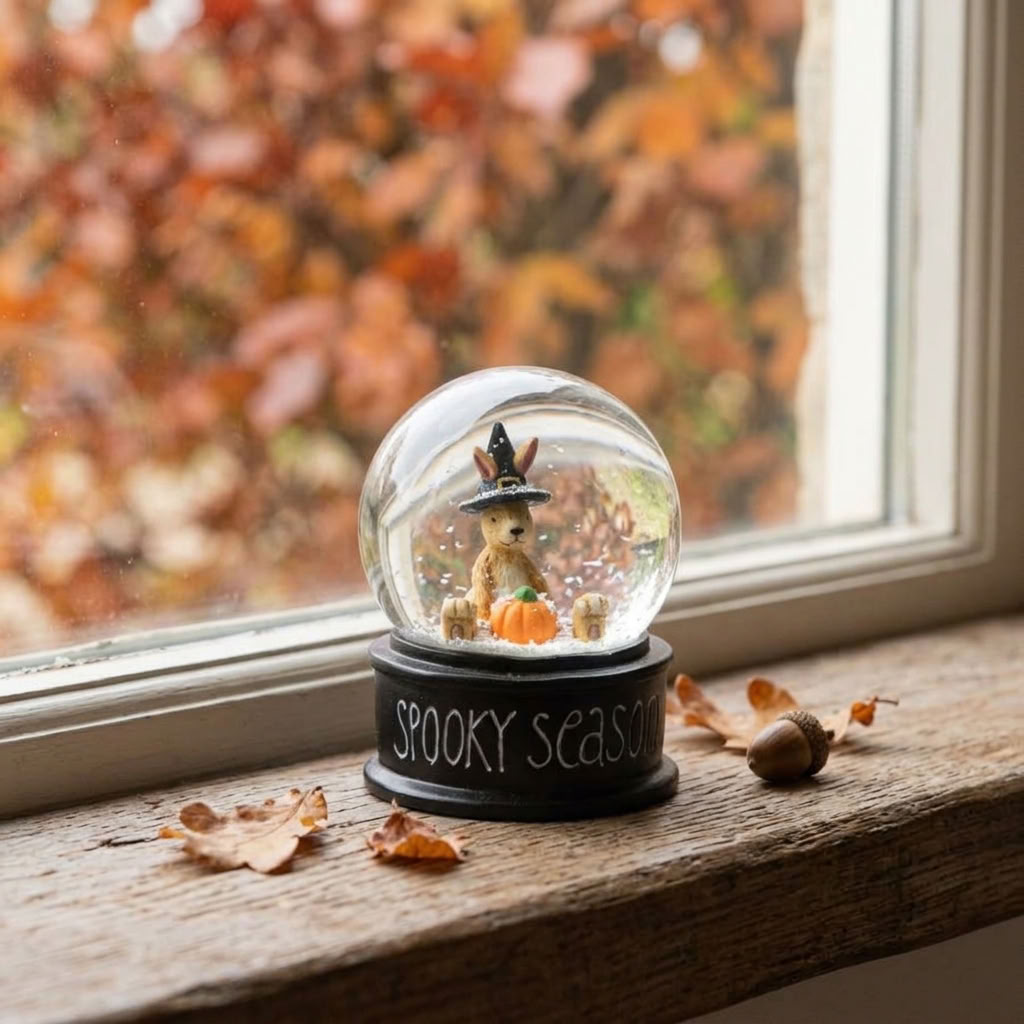 Witch Rabbit Snow Globe displayed on a rustic cottage window ledge with colourful autumn foliage outside