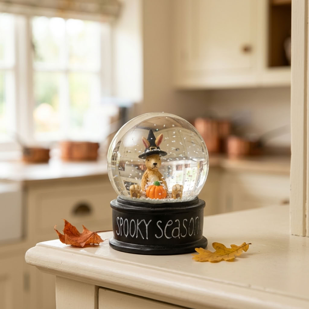 Witch Rabbit Snow Globe displayed in a bright English country kitchen