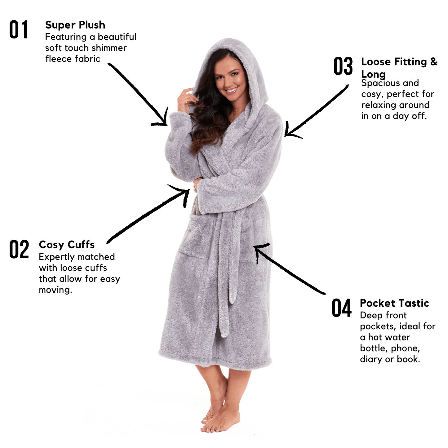 Women's Grey Snuggle Fleece Touch Hooded Robe Luxurious Soft Loungewear UK Sizes 8-22 by Daisy Dreamer