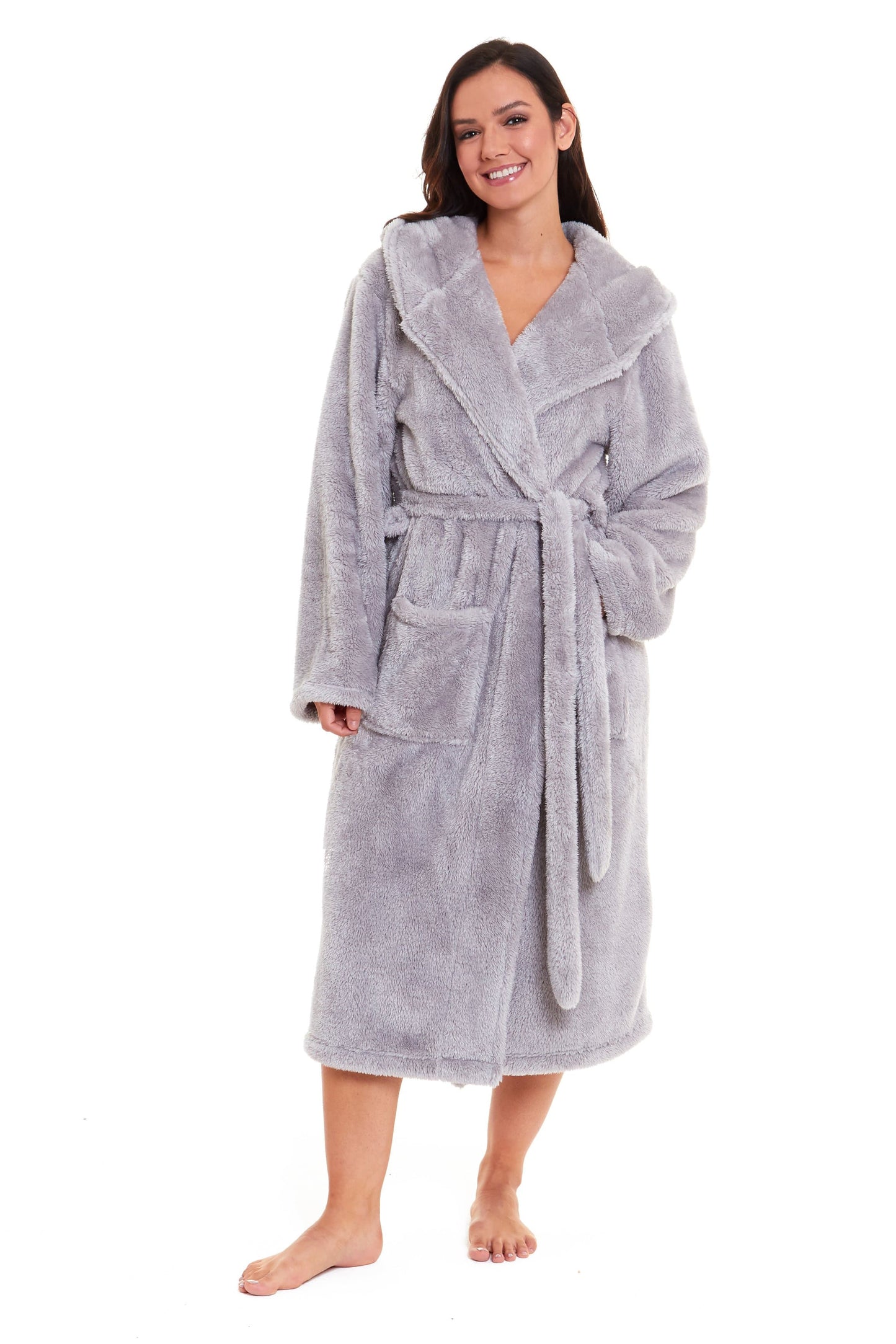 Women's Grey Snuggle Fleece Touch Hooded Robe Luxurious Soft Loungewear UK Sizes 8-22 by Daisy Dreamer