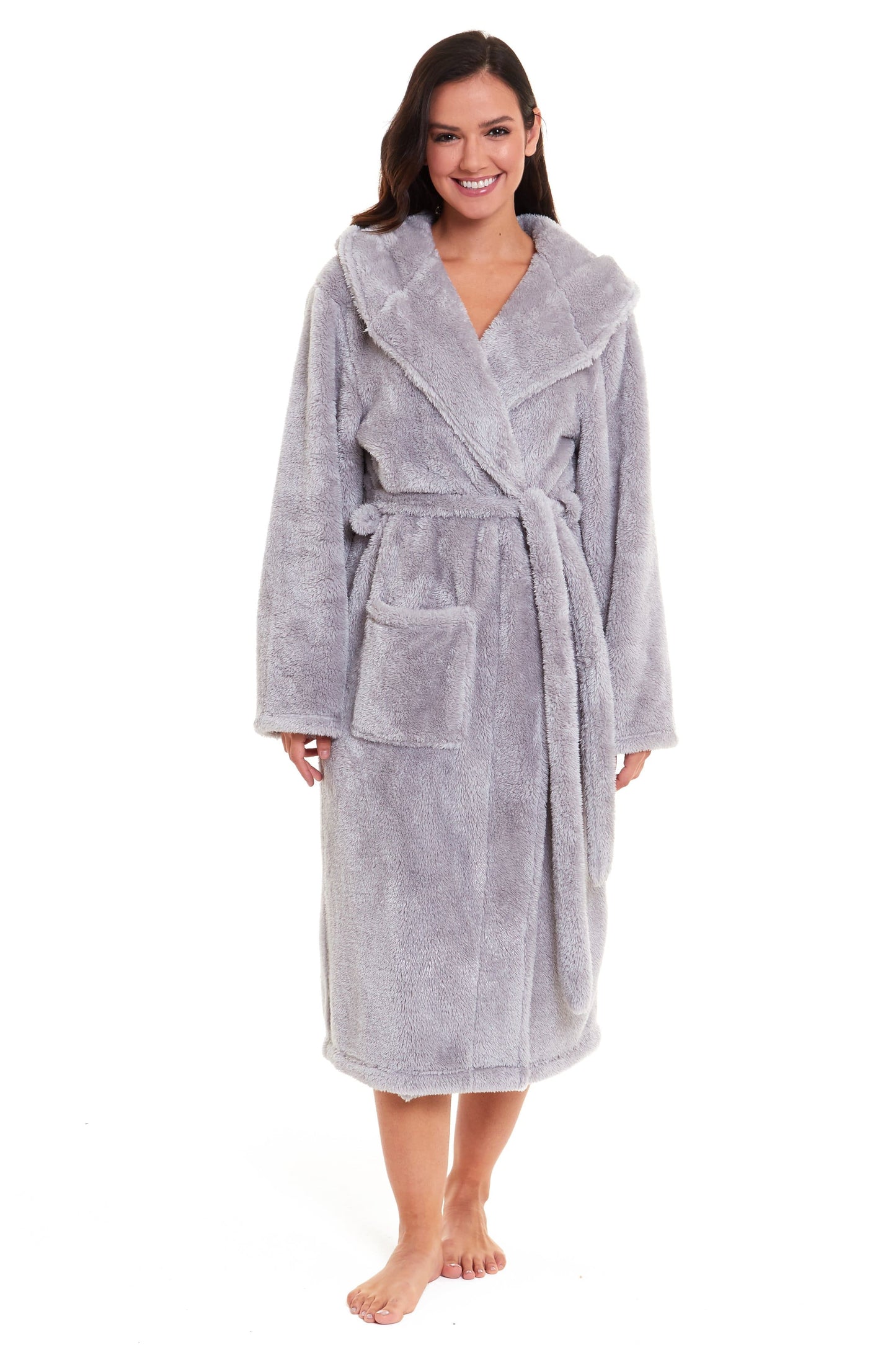 Women's Grey Snuggle Fleece Touch Hooded Robe Luxurious Soft Loungewear UK Sizes 8-22 by Daisy Dreamer