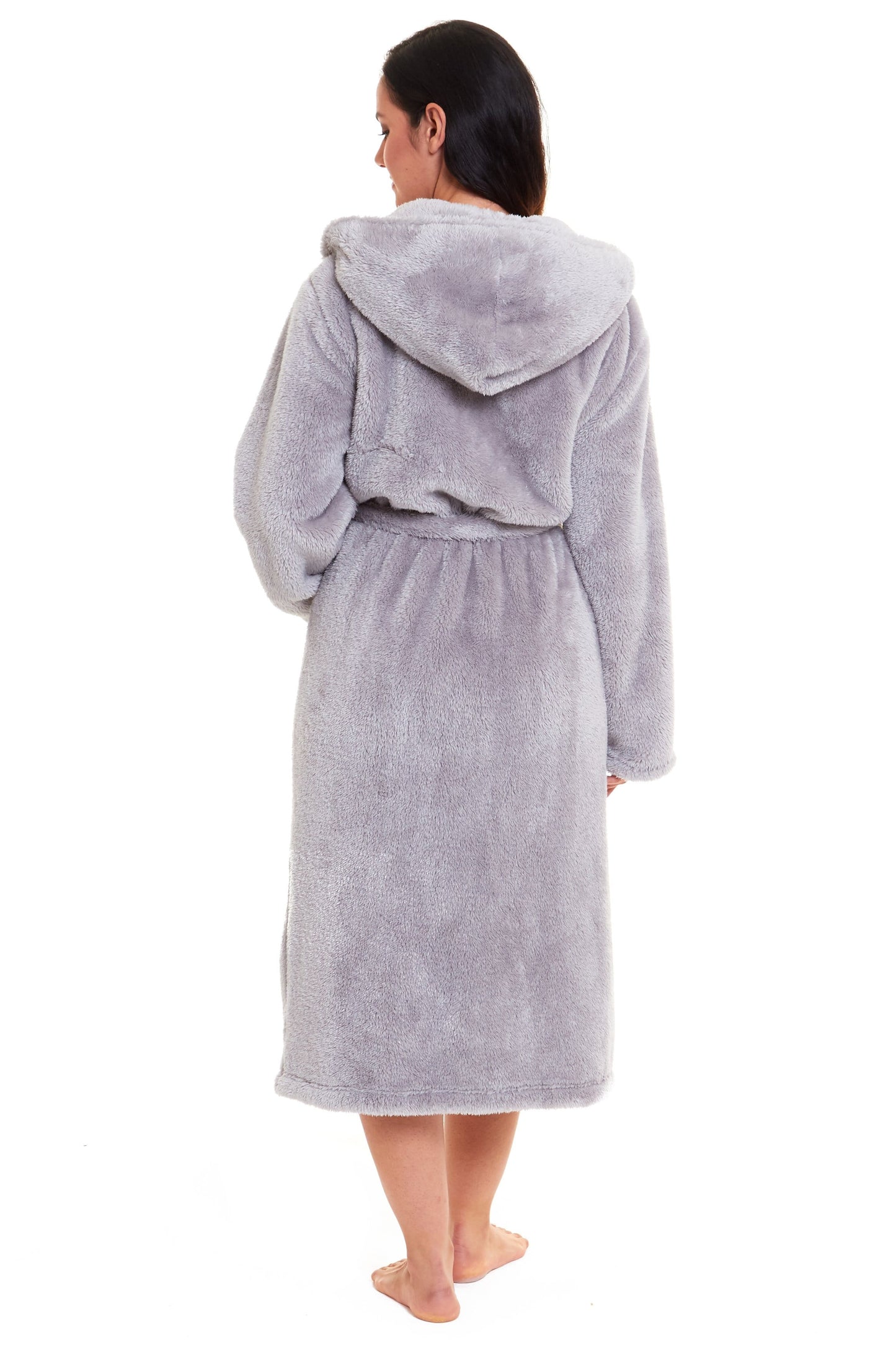 Women's Grey Snuggle Fleece Touch Hooded Robe Luxurious Soft Loungewear UK Sizes 8-22 by Daisy Dreamer