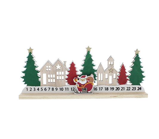Wooden Christmas Advent Calendar with Santa featuring red and green Christmas trees, village houses and a movable countdown marker