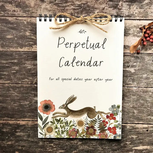 Handmade Woodland Animals Perpetual Calendar front cover featuring a running hare among colourful flowers