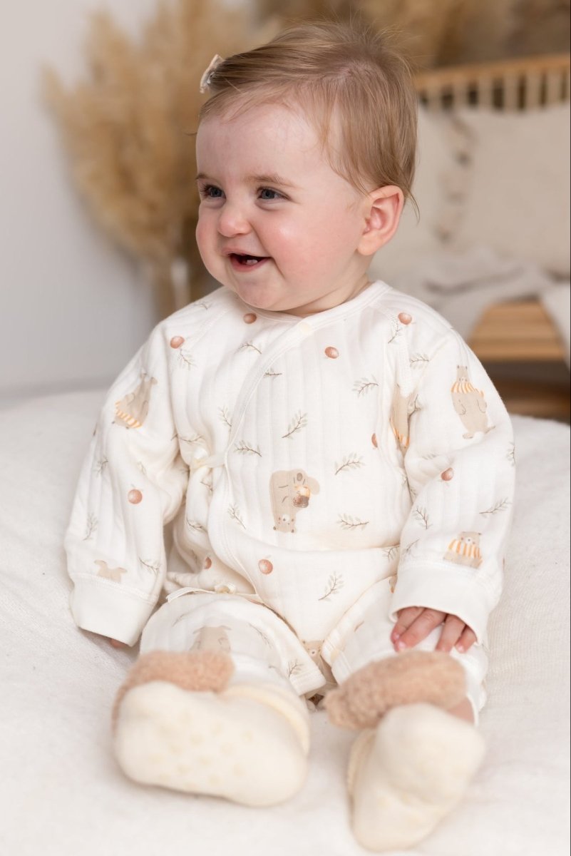 Woodland Bear Baby Grow Romper by Cozy Crew Club worn by baby