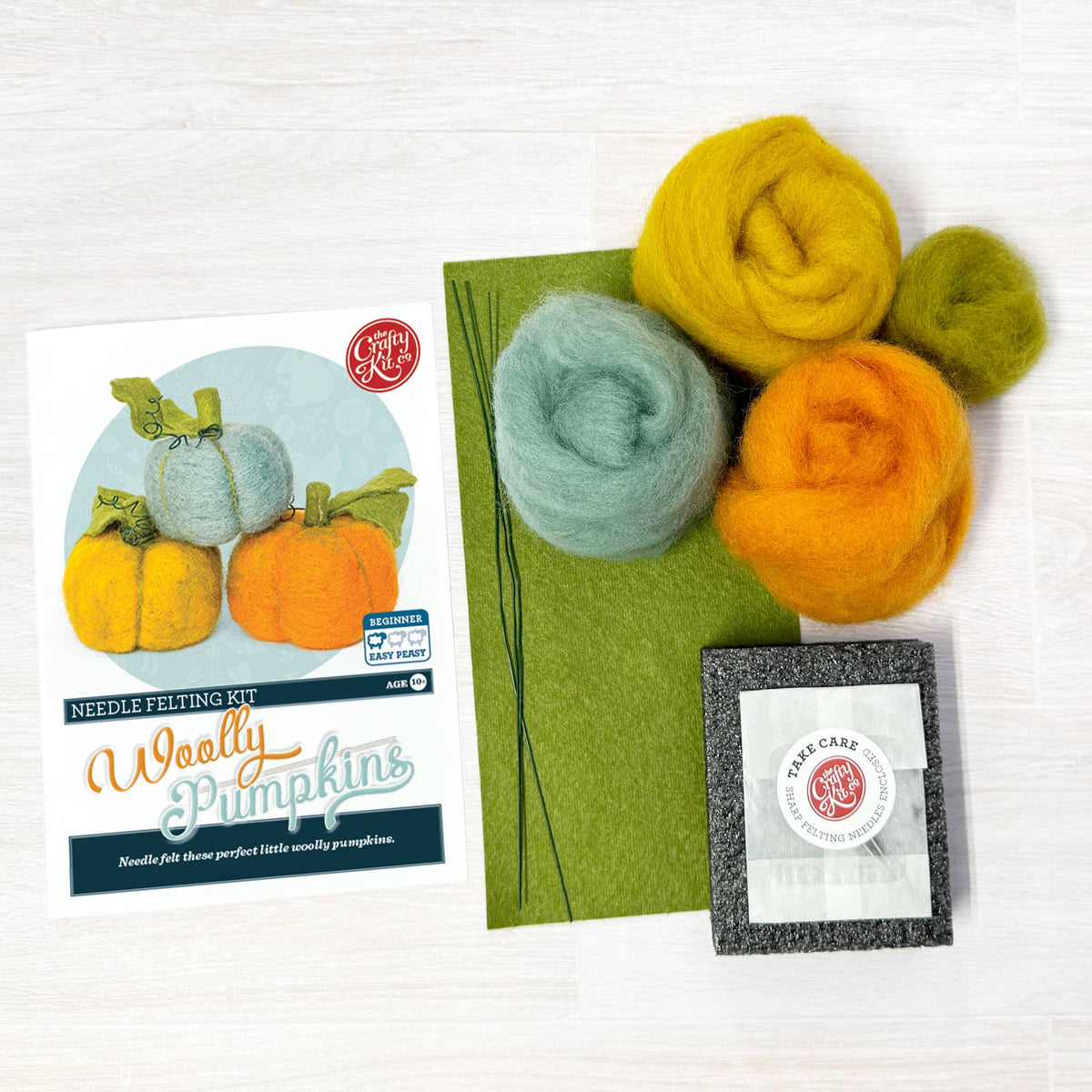Woolly Pumpkins Needle Felting Craft Kit with Corriedale wool, felting materials and full-colour instructions