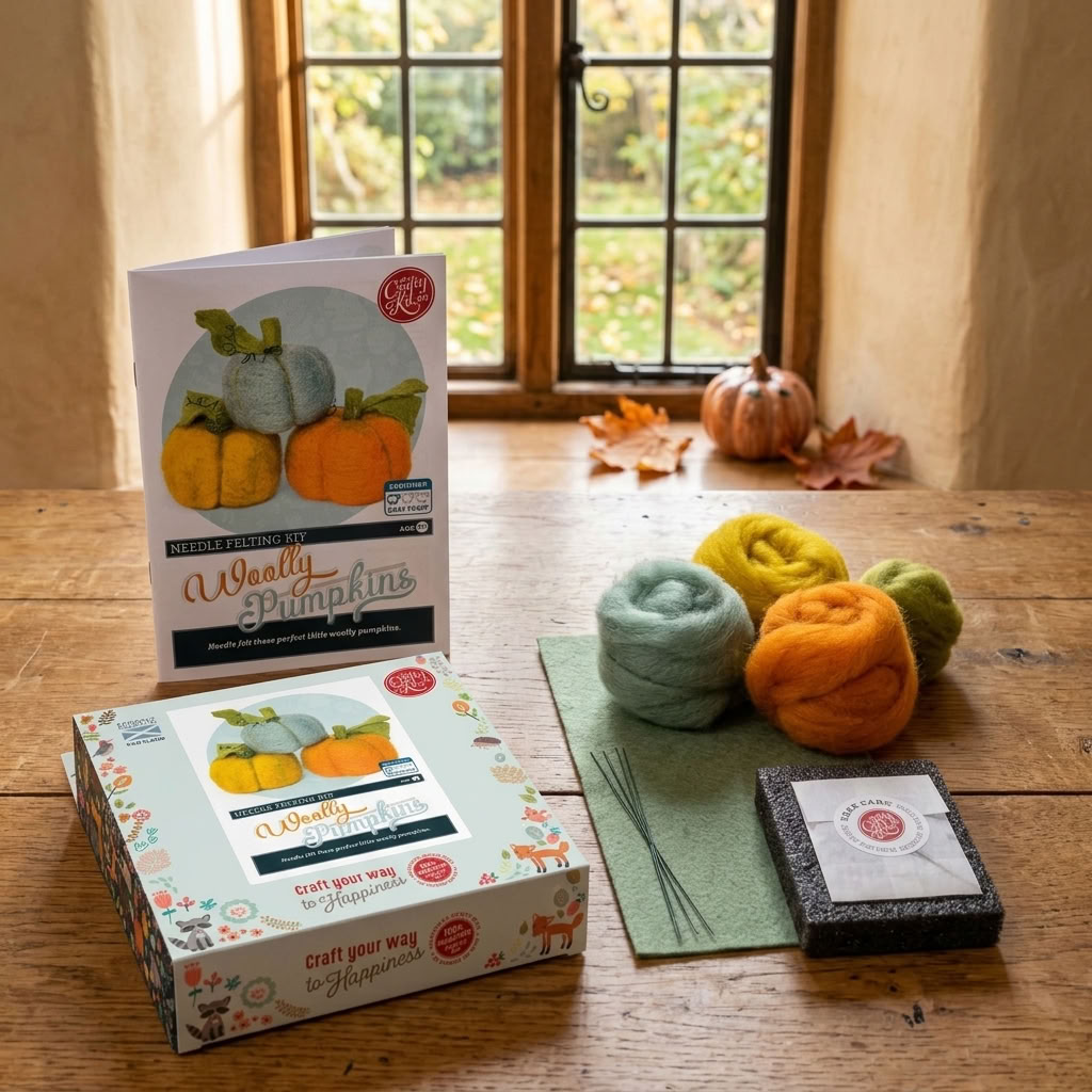 Woolly Pumpkins Needle Felting Craft Kit with wool, felting materials and packaging styled on a rustic wooden table