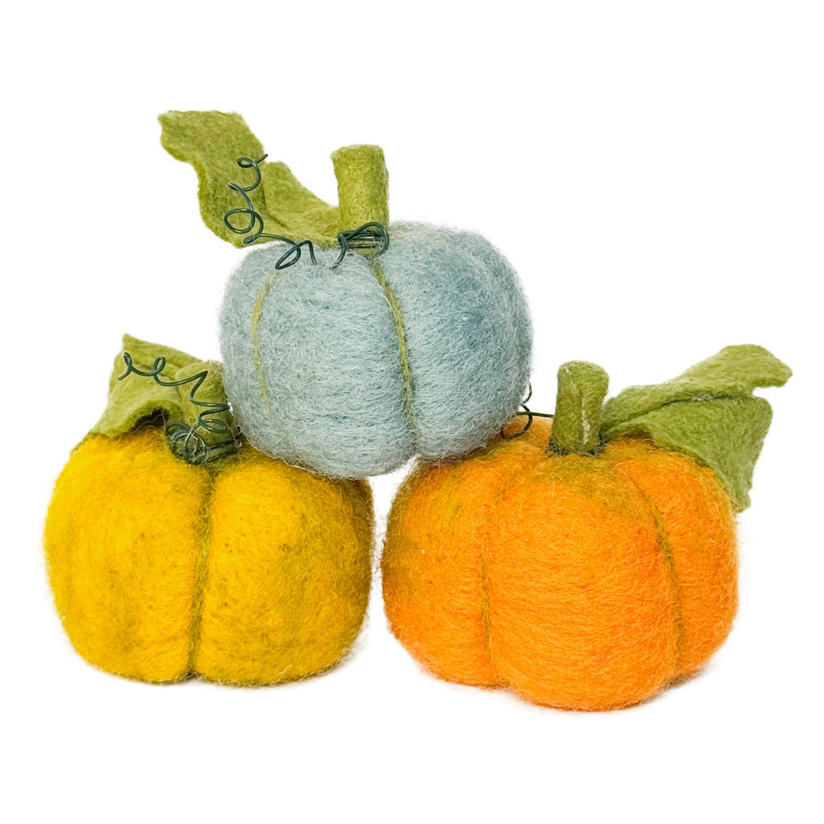 Woolly Pumpkins Needle Felting Craft Kit finished trio of orange, yellow and blue wool pumpkin decorations
