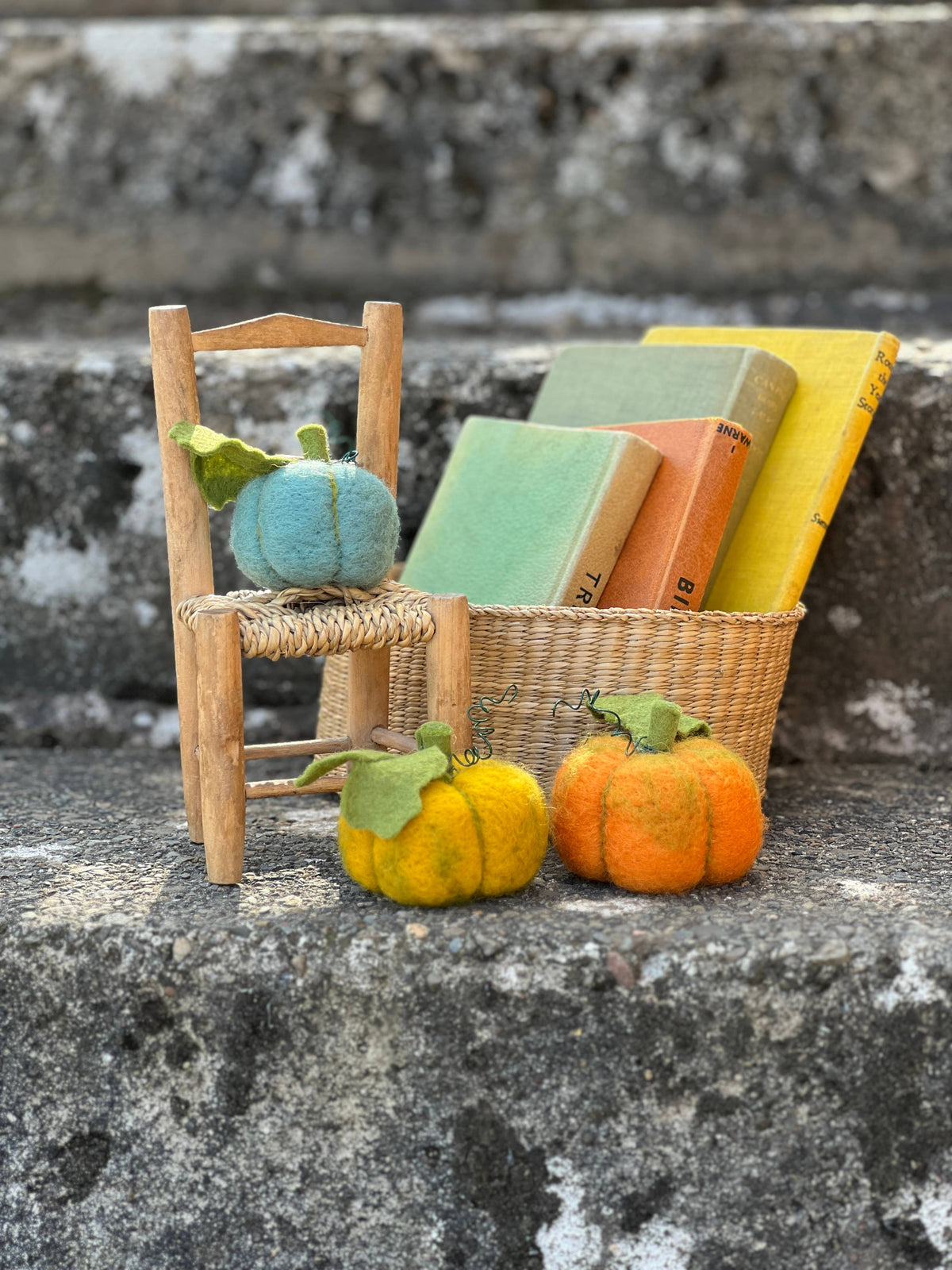 Woolly Pumpkins Needle Felting Craft Kit finished pumpkins styled with books and craft materials on a rustic wooden shelf