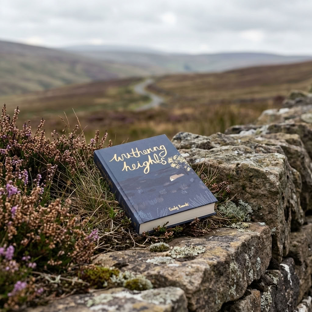 Wuthering Heights by Emily Brontë Wordsworth hardback amongst heather on a weathered stone wall overlooking the moors