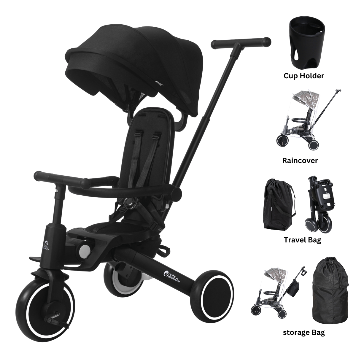 Xplor Ultimate 6 in 1 Foldable Trike in Jet Black with rain cover, travel bag and cupholder accessories