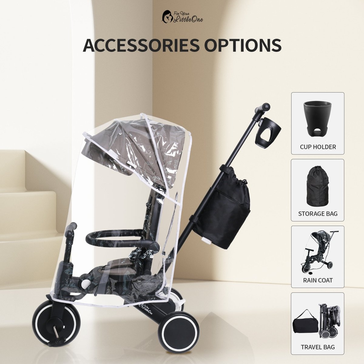 Xplor Ultimate 6 in 1 Foldable Trike in Jet Black showing included accessories and practical configuration options
