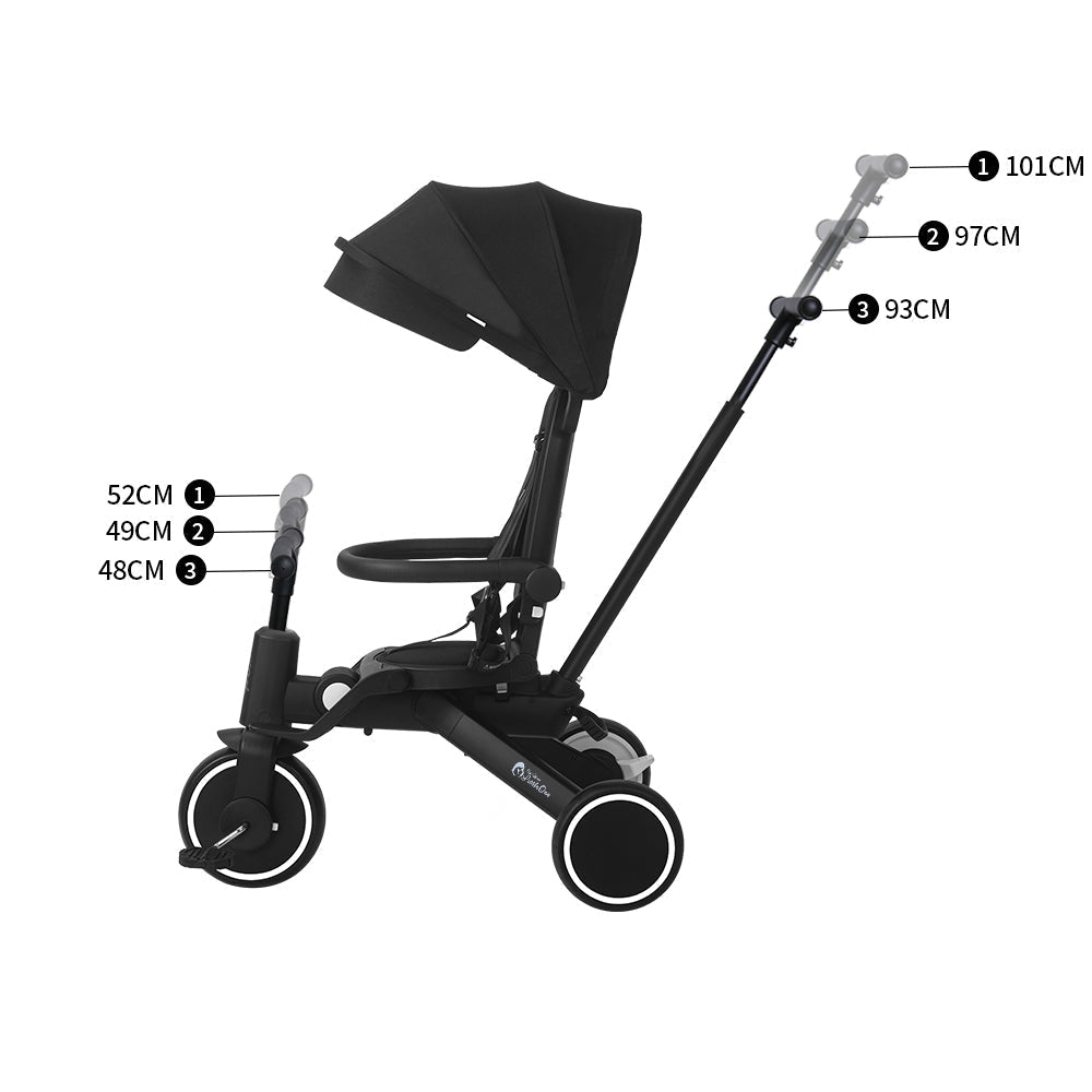 Xplor Ultimate 6 in 1 Foldable Trike in Jet Black showing the adjustable parent handle height