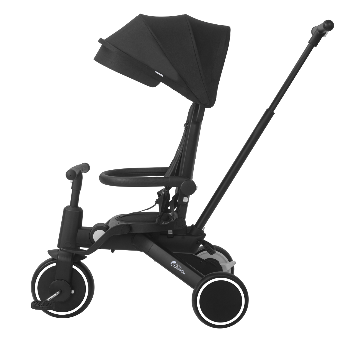 Xplor Ultimate 6 in 1 Foldable Trike in Jet Black shown from the side with canopy and parent handle fitted