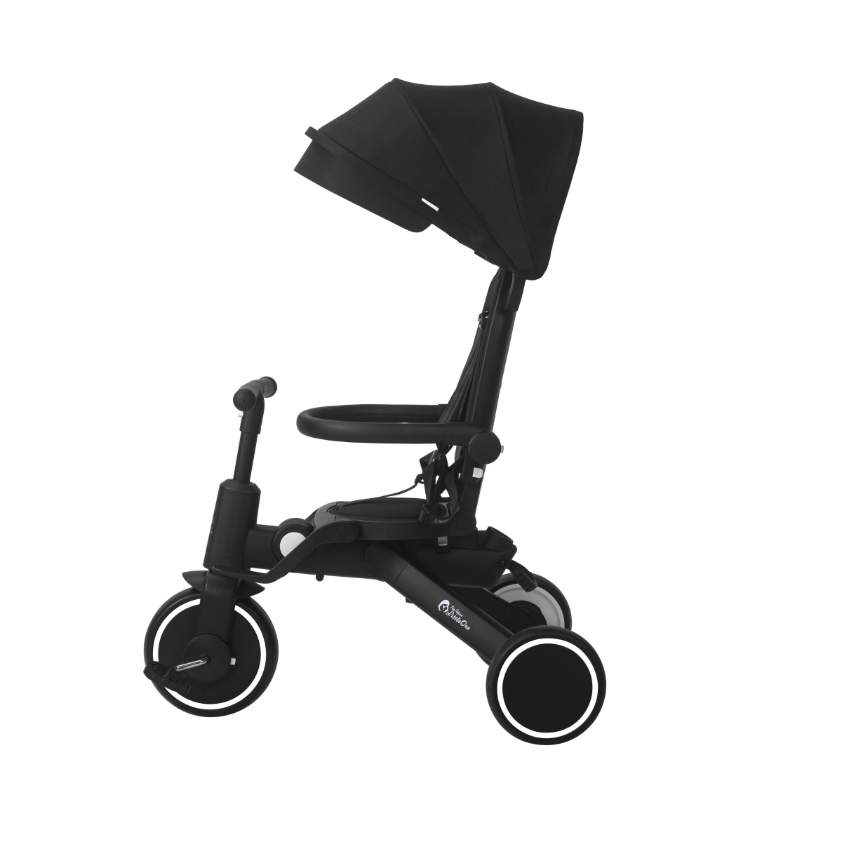 Xplor Ultimate 6 in 1 Foldable Trike in Jet Black shown with canopy, seat and parent handle