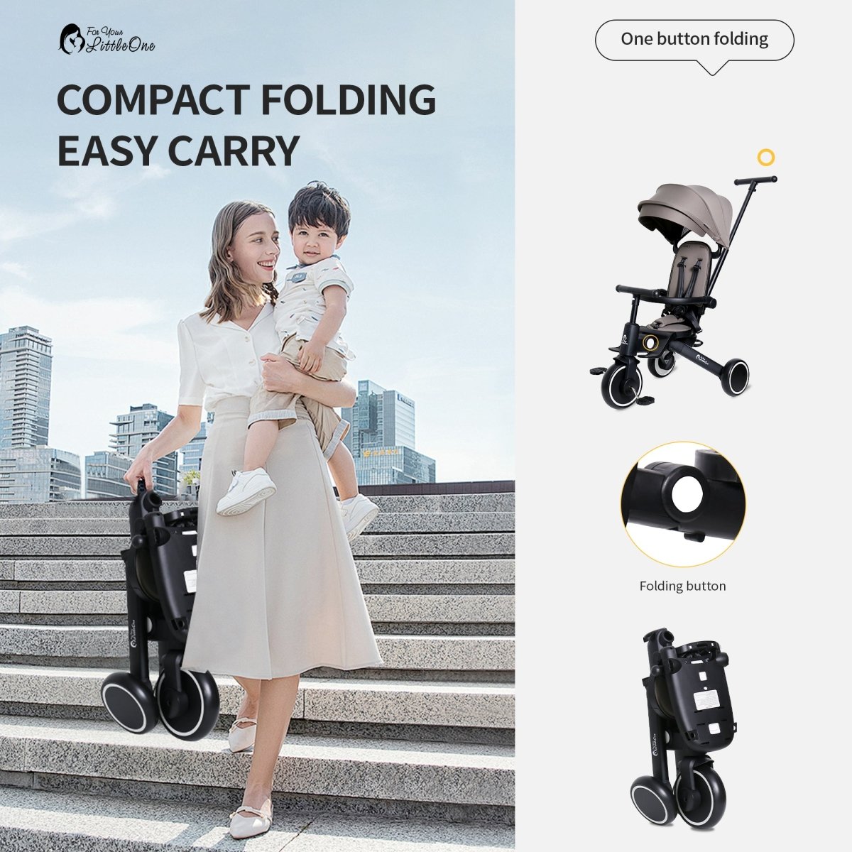 Xplor Ultimate 6 in 1 Foldable Trike in Jet Black demonstrating its compact folding design for easier storage and transport