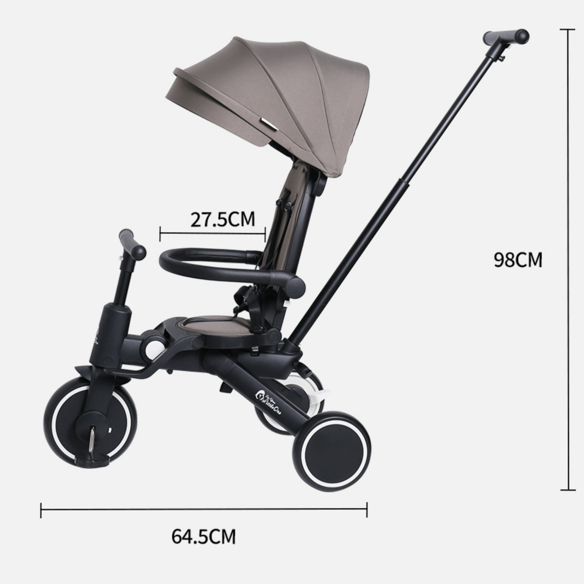 Xplor Ultimate 6 in 1 Foldable Trike in Jet Black showing the overall trike and parent handle dimensions